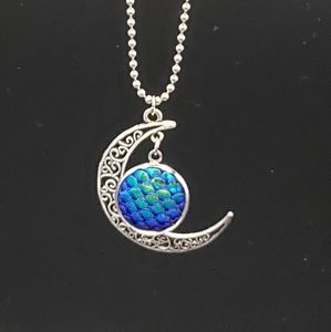 Silver Tone Moon with Blue Dragon Scale Pendant
